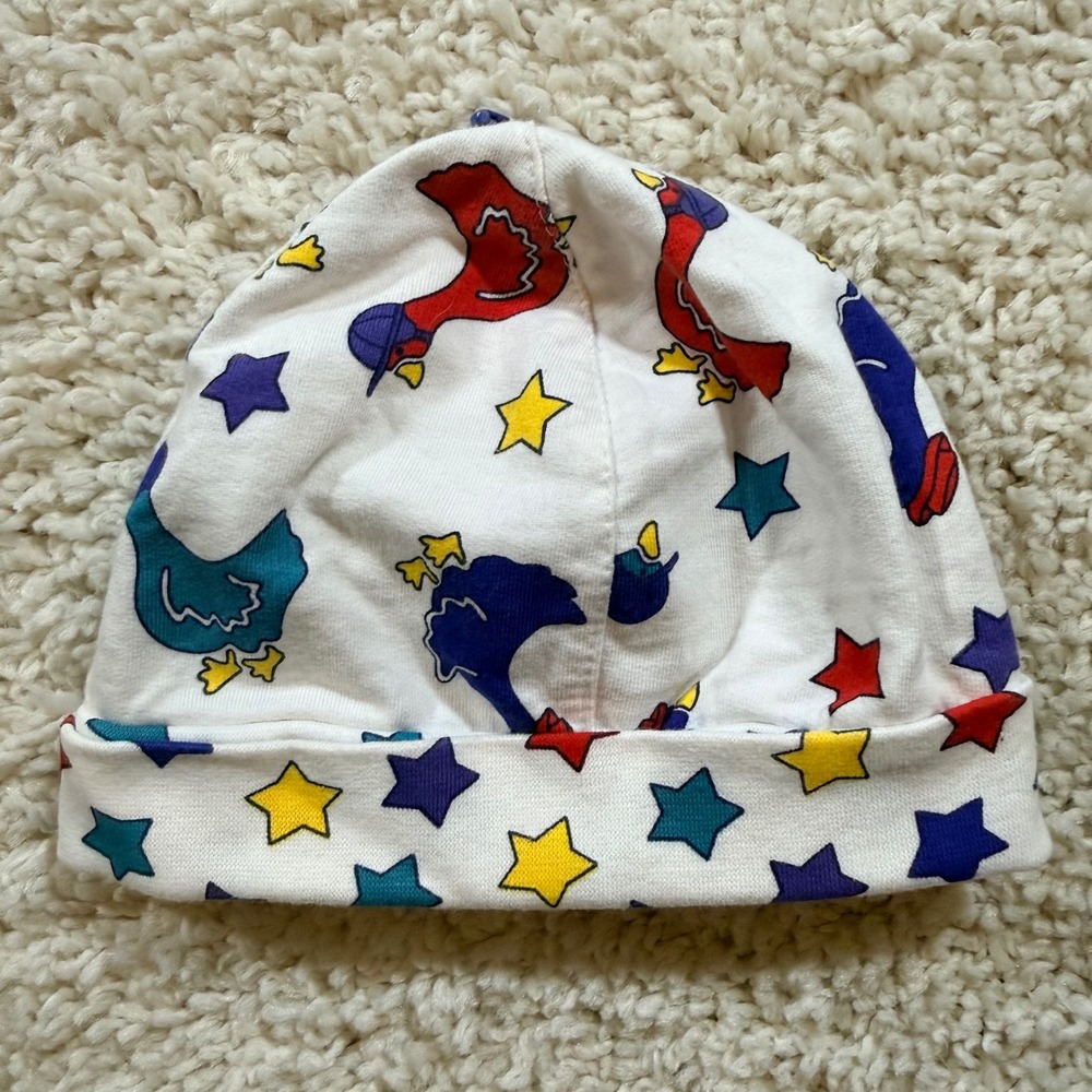 Vintage Gymboree Rainbow Tag Baby Beanie Hat Chickens Stars Retro